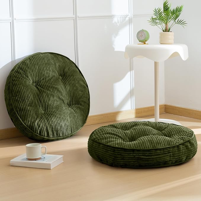HIGOGOGO Floor Pillow Cushion for Adults, Meditation Cushion Pillow, Large Round Floor Sitting, Tufted Corduroy Cover, for Tatami Living Room or Yoga, 22x22 Inch, 2Pack, Dark Green