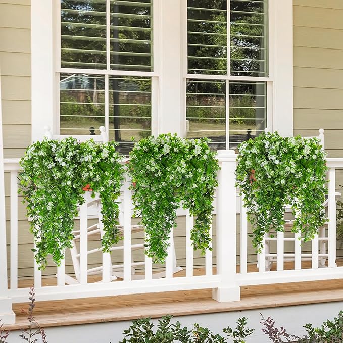 SJL Artificial Hanging Plants Fake Vine Faux Greenery Outdoor UV Resistant Plastic Plants Artificial Plant Outdoors Fake Hanging Vine for Indoor Outdoor Home Garden Wedding Party Decor (White)