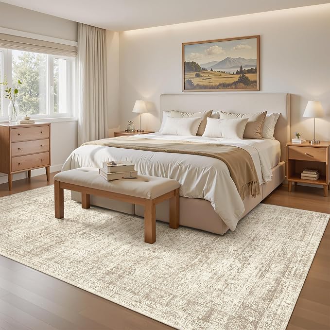 Soalmost 5x7 Area Rugs Beige Low Pile Indoor Washable Trendy Faded Style Rugs for Bedroom Living Room Dining Room Foldable Non-Slip Thin Print Home Office Mat