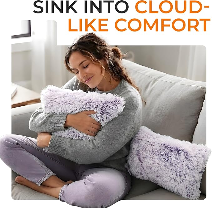 Cheer Collection Throw Pillows for Couch and Bed, Soft Shaggy Throw Pillows with Inserts Included, Cozy Long Hair Faux Fur Pillows - Set of 2-12" x 20" - Purple