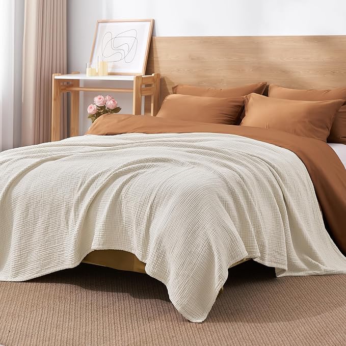 David's Home 100% Cotton Muslin Throw Blanket for College Dorm, 4-Layer Soft Breathable Lightweight Comfy Cozy Throw Guaze for Hot Sleepers, 3D Bubble Room Decor for Bed, Giftable, Brich, 50"x70"