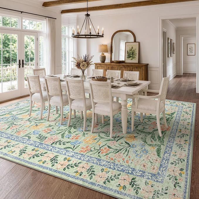 Wonnitar 10x14 Machine Washable Area Rugs, Green Floral Large Rugs for Living Room, Ultra-Thin Foldable Boho Flower Print Bedroom Carpet for Dorm Apartment Office