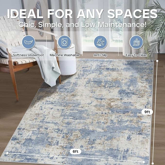 6x9 Area Rugs for Living Room Rug Washable: Modern Rug for Dining Room Bedroom Carpet Non Slip Low Pile 6 by 9 Indoor Abstract Nursery Home Office Blue
