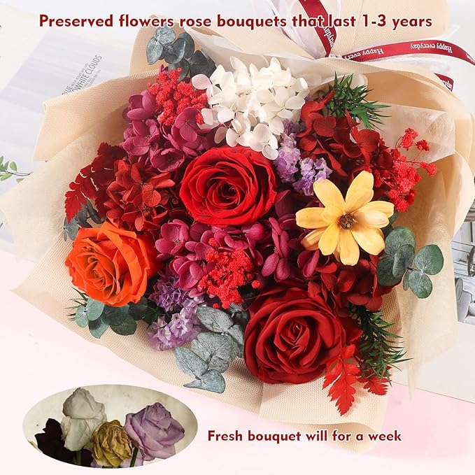 Flowers for Delivery Prime Preserved Flower Bouquet That Last 3-5 Years Real Forever Rose Bouquet for Her Women Wife Grandma Girlfriend Anniversary Birthday Mothers Day Gifts for Mom,Red
