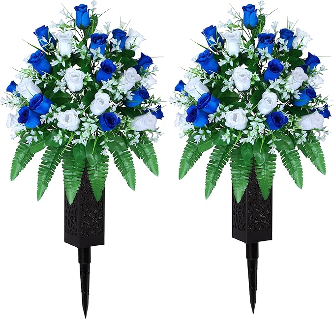 LVXINLI Artificial Cemetery Flowers, Gravesite Decoration Roses, Memorial Bouquets with Cemetery Vase, Vibrant and Long-Lasting Colors (Dark Blue+White, 2 Bundles)