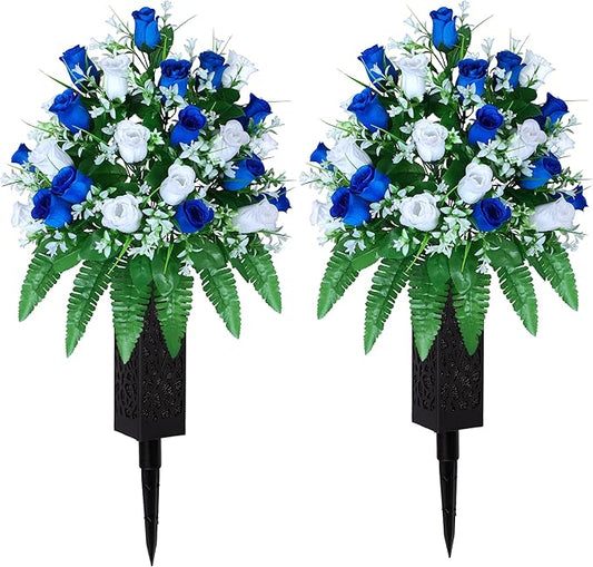 LVXINLI Artificial Cemetery Flowers, Gravesite Decoration Roses, Memorial Bouquets with Cemetery Vase, Vibrant and Long-Lasting Colors (Dark Blue+White, 2 Bundles)