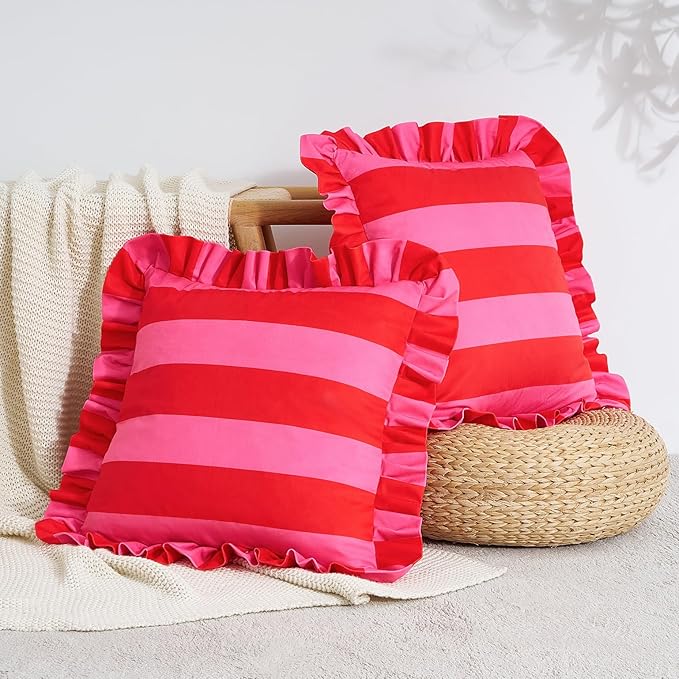 MONDAY MOOSE Decorative Throw Pillow Covers, Set of 2 Water-Resistant Striped Design with Ruffle Edge for Outdoor/Indoor Use, Pillow Inserts Not Included (18x18 inch, Hot Pink/Red)