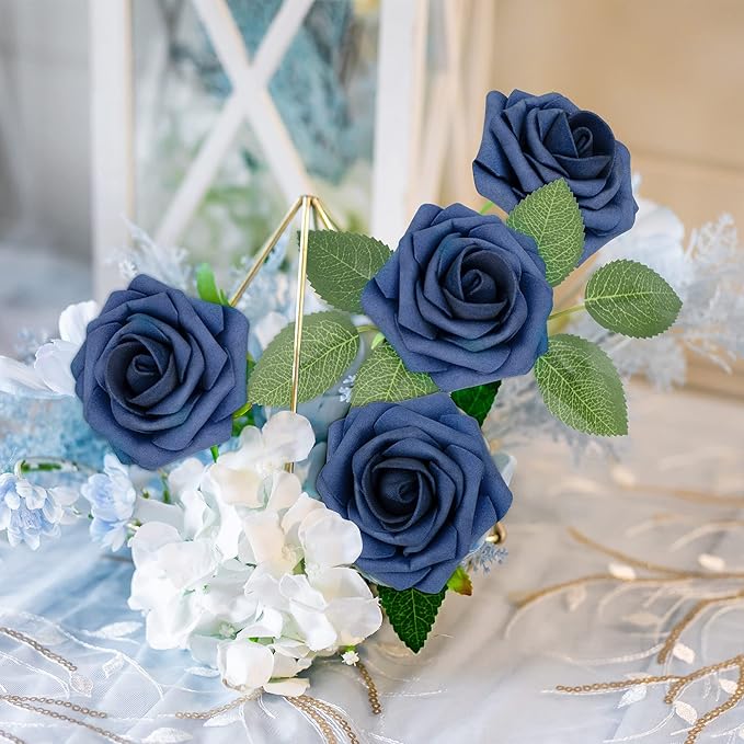 Mocoosy 50Pcs Roses Artificial Flowers, Navy Blue Fake Roses for Decorations, Real Touch Foam Rose Bulk with Stems DIY Wedding Bouquet Bridal Shower Mother's Day Floral Arrangement Party Home Decor