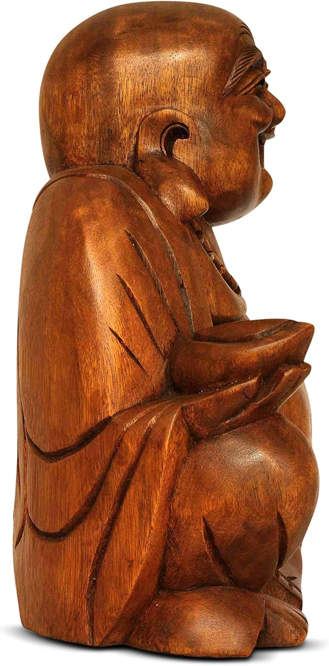 G6 Collection 8" Wooden Laughing Happy Buddha Statue Hand Carved Smiling Sitting Sculpture Handmade Figurine Decorative Home Decor Accent Rustic Handcrafted Art Decoration Happy Buddha (Small)