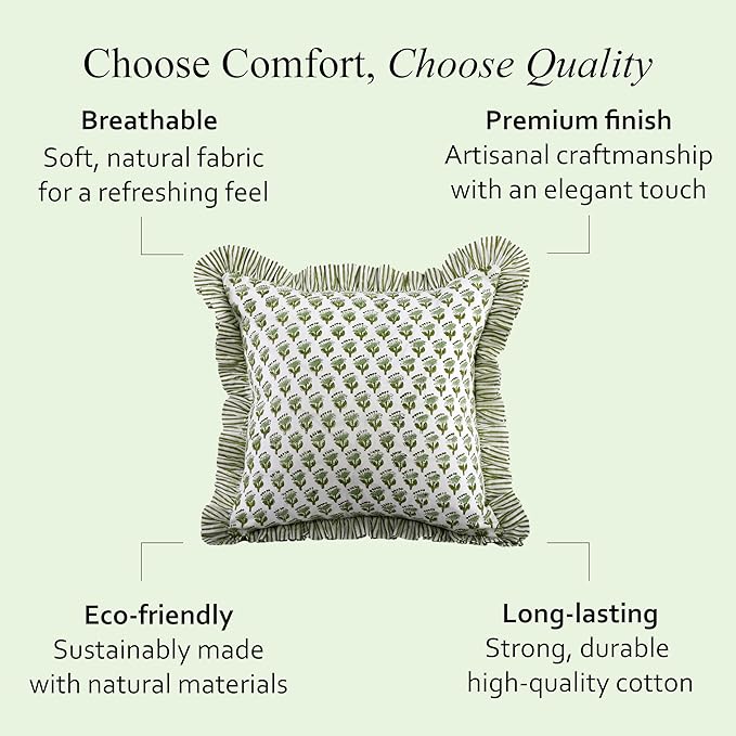 CPC Block Print Ruffle Throw Cover Emerald Green 16"x16" Inch Pack of 2-100% Cotton Ruffle Couch Decorative Boho Pillows Case for Living Room, Bedroom, Sofa, Farmhouse Gift for Spring, Mother's Day
