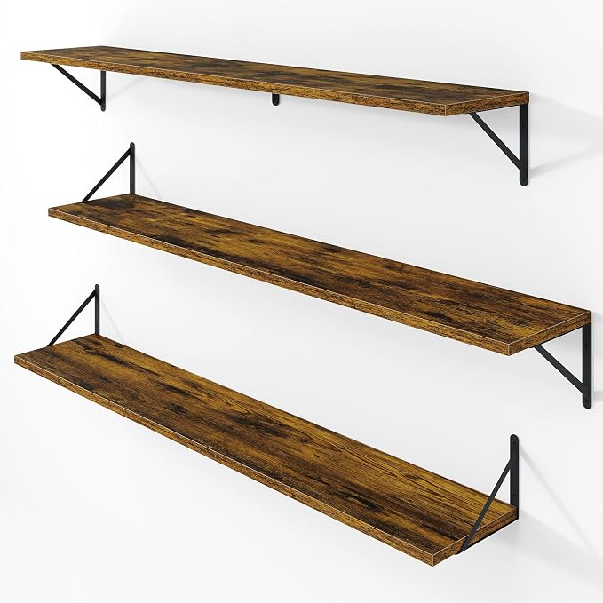 Vivelove Deep Floating Shelves for Wall, 48W x 8D Wood Wall Shelves Set of 3, Wide Floating Bookshelf for Living Room, Kitchen, Office, Bedroom and Decor Storage, with Metal Bracket - Rustic Brown