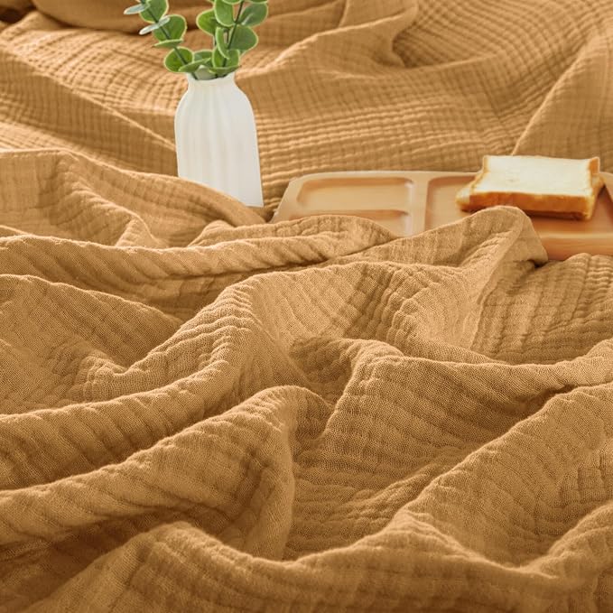 PHF 100% Cotton Muslin Throw Blanket 50" x 60", 4-Layer Lightweight Gauze Throw, Breathable Cloud-Soft Minimalist Blanket for Bed, Couch, Camping, Amber, Ideal Gift