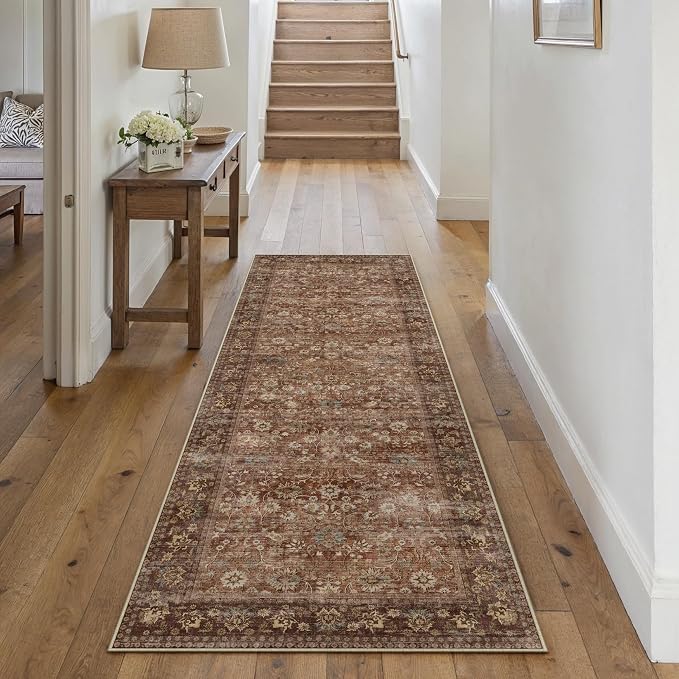 HUGEAR 2x6 Runner Rug Machine Washable Brick Red Hallway Area Rugs Indoor Accent Rugs Floral Low Pile Carpet Distressed Throw Rug Bedroom Living Room Office Dining Kitchen Laundry Non Slip