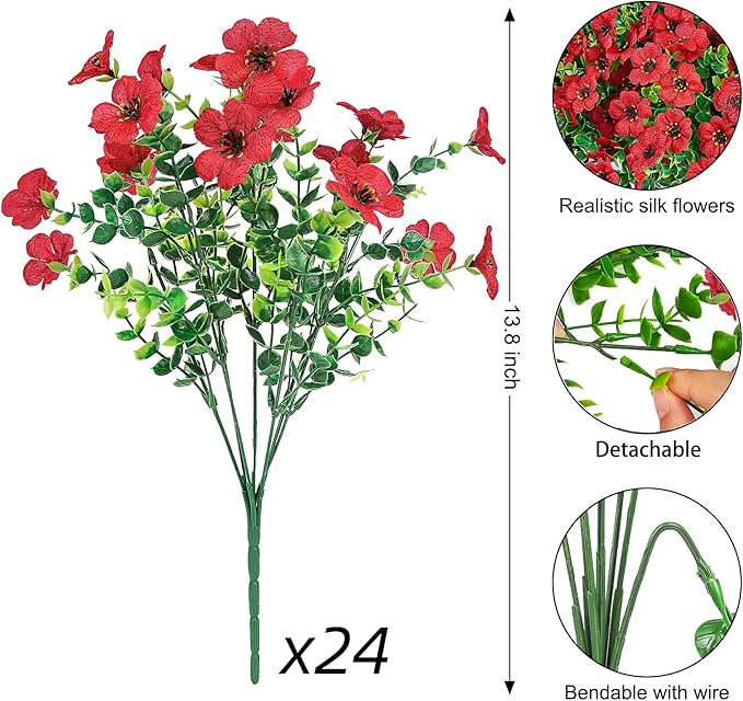 Ouddy Decor 24 Bundles Artificial Flowers for Outdoors Fake Silk Flowers UV Resistant Faux Plastic Plants for Spring Summer Garden Porch Window Box Table Vase Home Indoor Outdoor Decoration, Red
