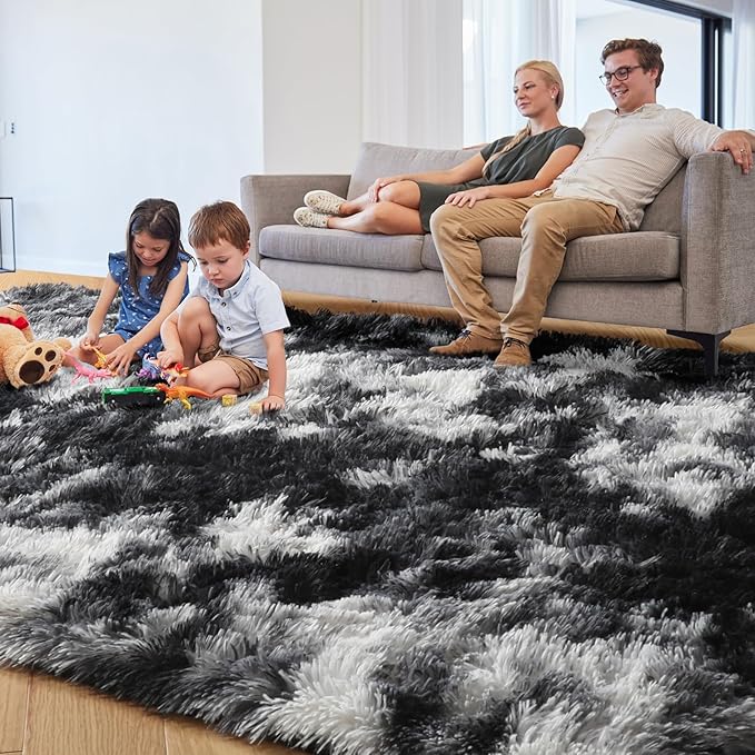 PAGISOFE 9x12 Area Rugs Living Room, Extra Large Black White Grey Rugs for Bedroom Fluffy Indoor Rugs for Kids Room Classroom Dorm Room Aesthetic Shaggy Carpet Plush Modern Cool Rug