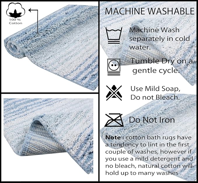 Home Weavers 100% Cotton Gradiation Collection Bathroom Décor | Washable Rug | Bathroom Mat | Kitchen Mat | Bathroom Rug Set | Bath Mat Set | Bath Floor Mat Non Slip, 2 Piece Set(S+M), Blue