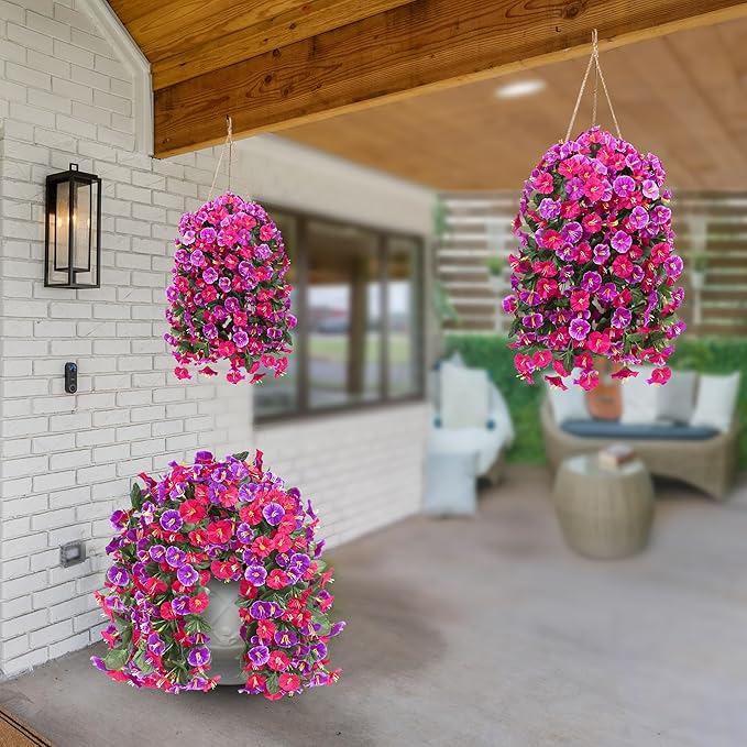 Artificial Fake Hanging Flowers Plants for Outdoor Outside Spring Summer Decoration 4PCS Faux Silk UV Resistant Realistic Morning Glory Trailing Vines for Home Porch Patio Balcony(Rose red & Magenta)