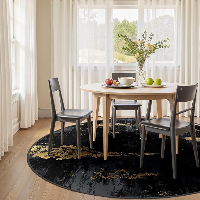 RELEANY Washable Area Rugs 4ft Non-Slip Modern Abstract Soft for Living Room Entryway Bedroom Nursery, Print Pattern, Dark Black Gold