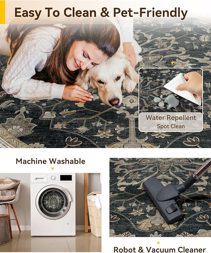 RELEANY Area Rugs Round 7ft Washable Non-Slip, Floral Vintage Distress Print Pattern Medallion Carpet for Living Room Bedroom Dining Room, Vintage Black Brown Neutral
