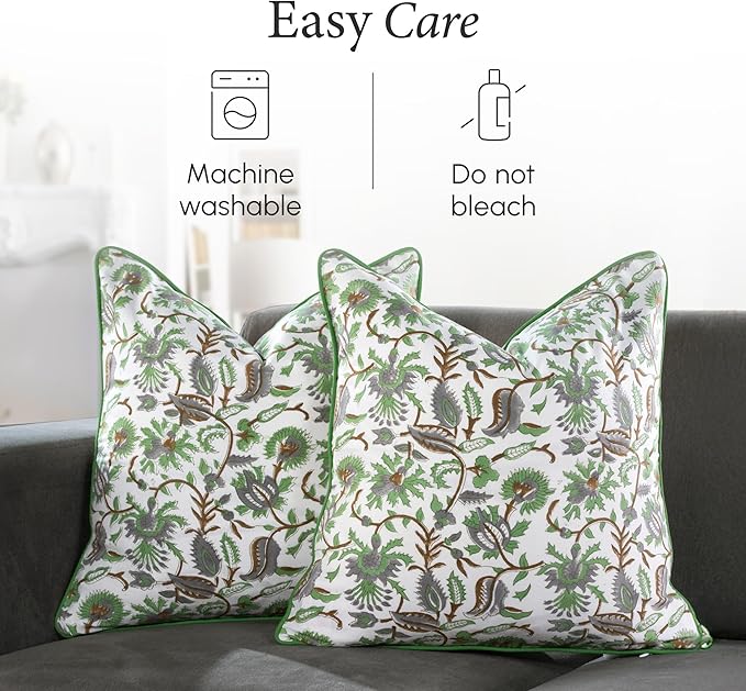 CPC 100% Cotton Throw Pillow Covers 20x20 Inch, Set of 2 Green Block Print Pattern Couch Pillow, Cute Boho Decorative Pillows for Living Room, Bedroom with Hidden Zipper- Mint Leaf