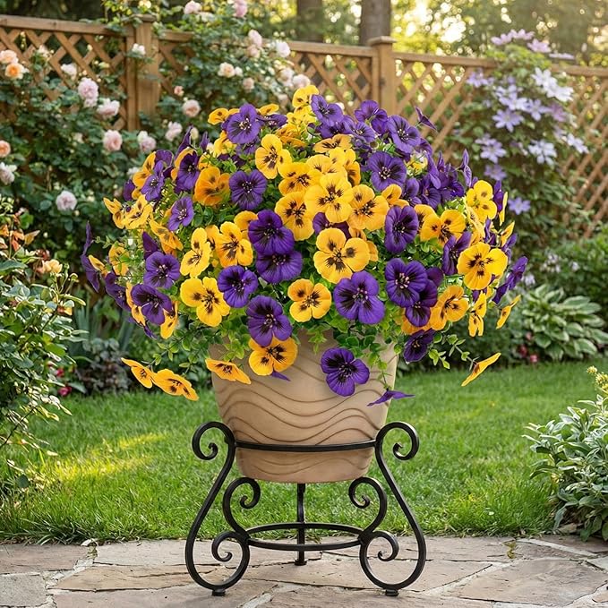 Rowfad 36 Pcs Artificial Fake Pansy Flowers for Outdoor, Faux UV Resistant Silk Pansies Flowers for Outside Planter Front Door Porch Yard Patio Window Box Home Decor (36, Yellow,Purple)