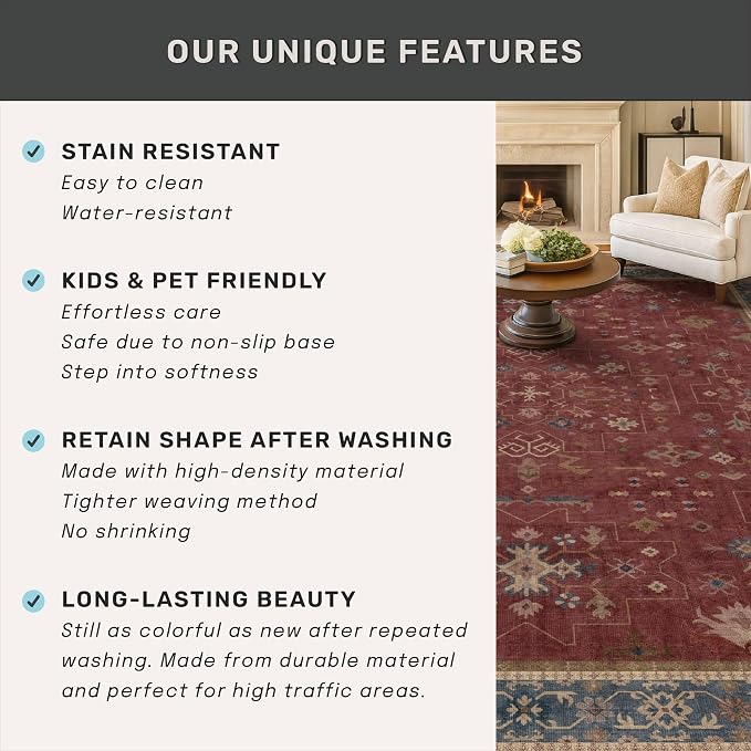 Hazo Haus Oriental 8x12 Large Area Rugs for Living Room - Burgundy Rug for Bedroom Under Bed, Dining Room Under Kitchen Table, Washable Soft Non Slip Unique Indoor Décor