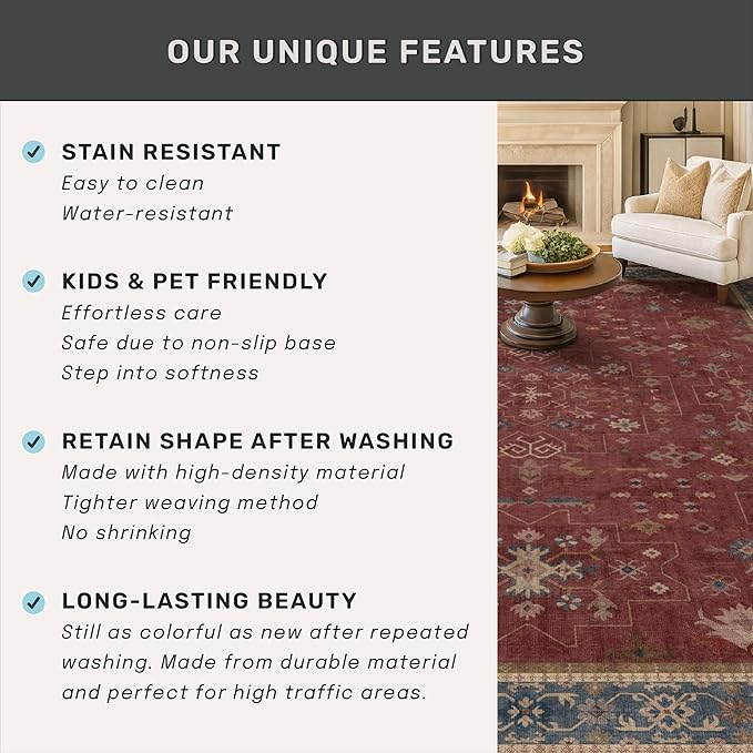 Washable 3x5 Entry Way Rugs Indoor - Burgundy Large Kitchen Rug, Non Slip Unique Bohemian Red Low Pile Thin Carpet for Bedroom Bedside, Foyer