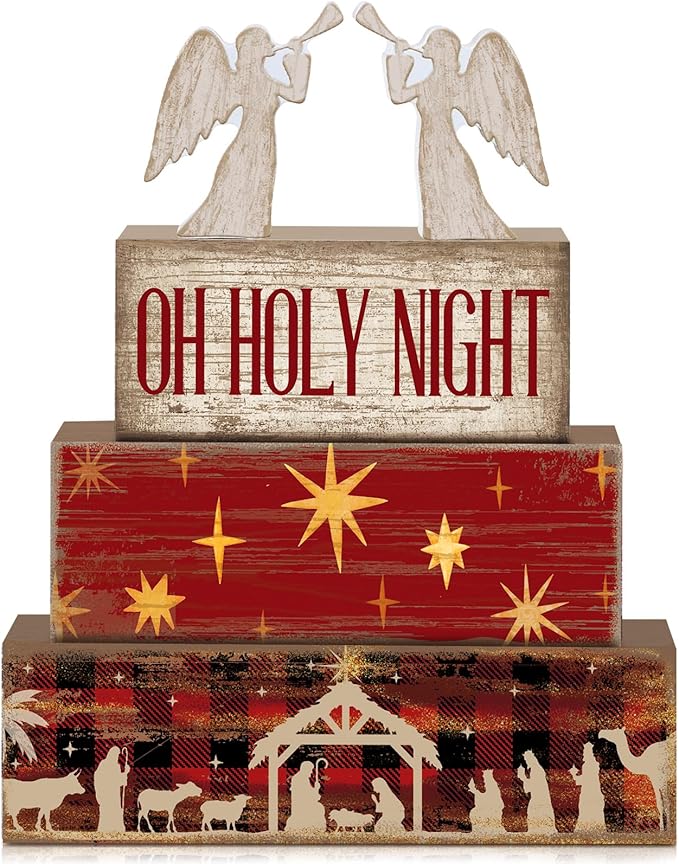 Moucuny 4 Pcs Wooden Christmas Nativity Tiered Tray Decor Rustic Wood Angel Block Sign Gift Kitchen Centerpiece Nativity Scene Table Decor (Jesus)