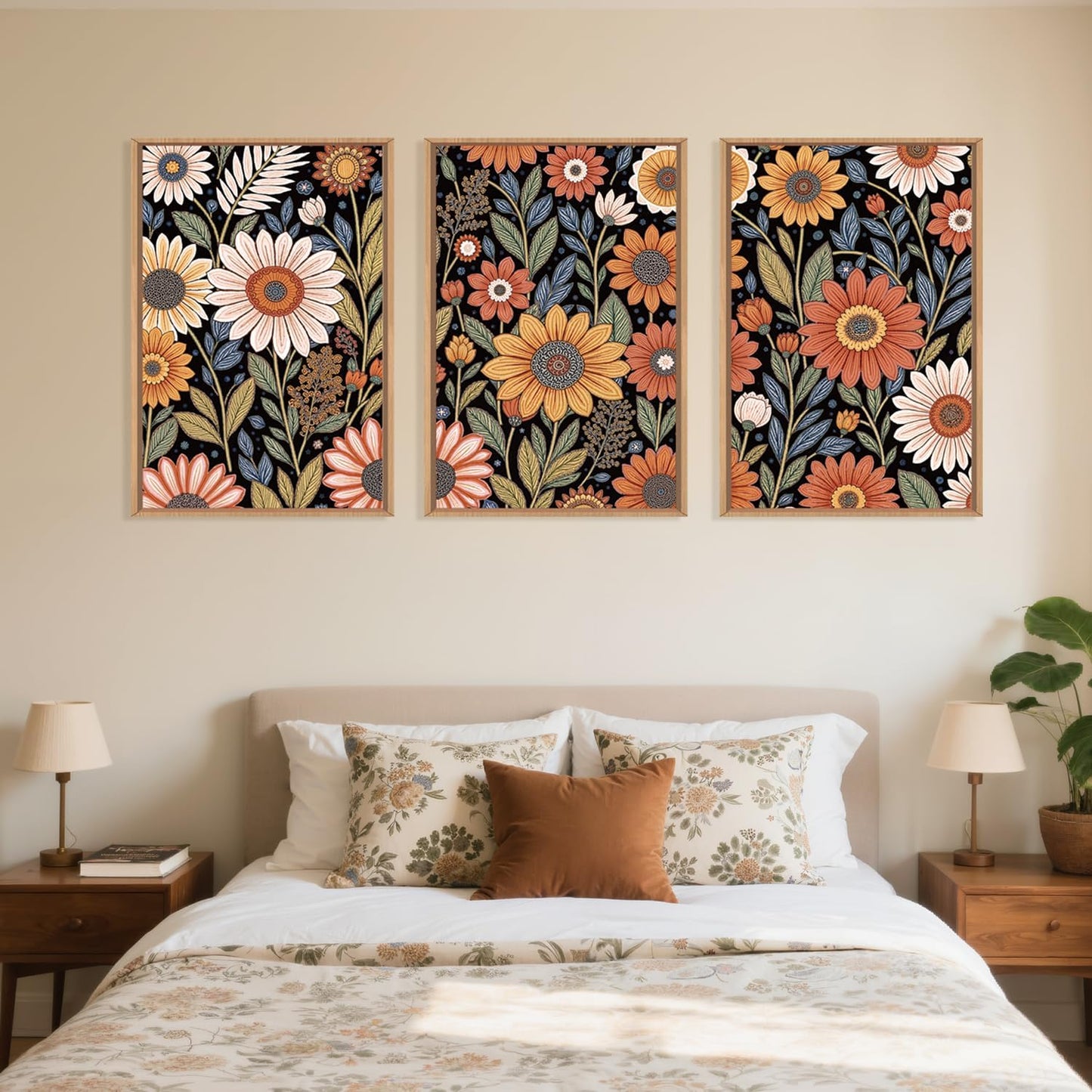 LHIUEM Large Abstract Boho Flower Framed Canvas Wall Art Set,Vintage Colorful Floral Wall Decor,Retro Wildfower Plant Painting,Botanical Artwork for Living Room,Bedroom,Dining Room,Office -16"x24"x3