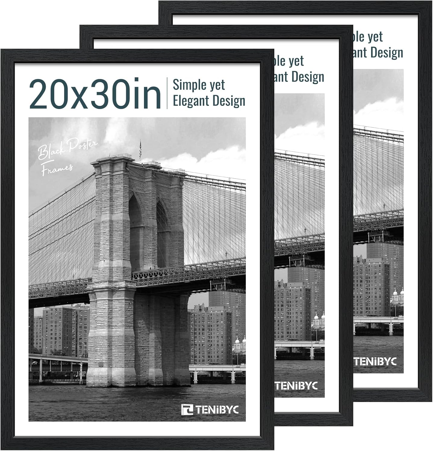 20x30 Poster Frame Set - 3 Pack, Textured Black Solid Wood Picture Frame, Wall Gallery Frame - Wall Hanging