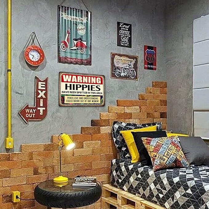 Hippie Metal Tin Sign Warning Signs Welcome Decorative Sign & Plaques Funny Hippies Use Side Door Signs Warning Hippies Have Been Spotted In This Area Sign Stone House Wall Decoration 8 X 12 In