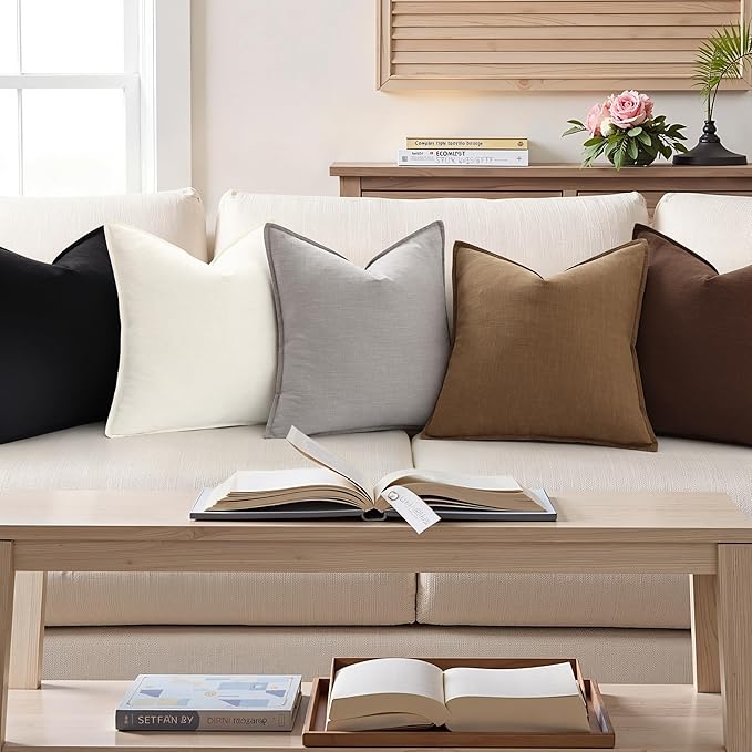 decorUhome Summer Decorative Linen Throw Pillow Covers 18x18 Inch Set of 2 Light Grey Pillow Covers with Flange Edges Soft Farmhouse Boho Accent Pillow Cases for Couch Bed Living Room