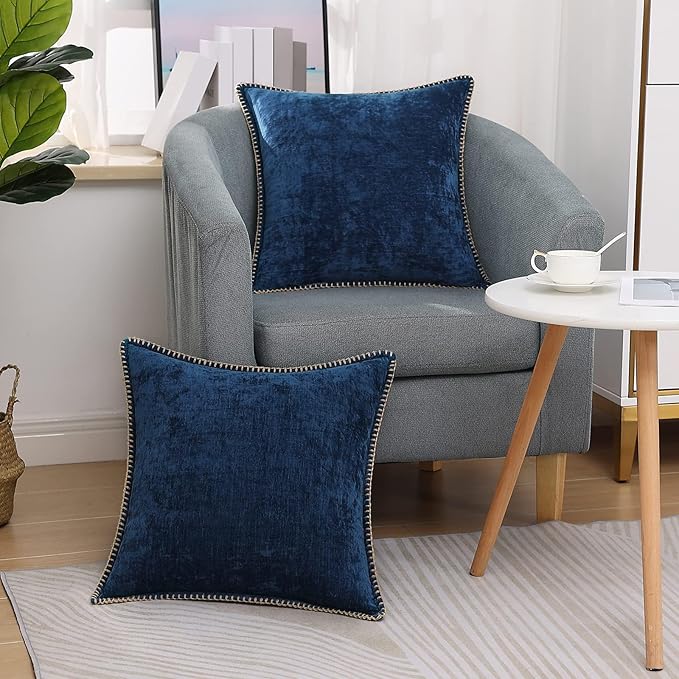 decorUhome Chenille Soft Cozy Throw Pillow Covers 20x20 Set of 2, Modern Farmhouse Boho Velvet Decorative Pillow Cases with Stitched Edge for Couch Sofa Bed Home Decor, Poseidon