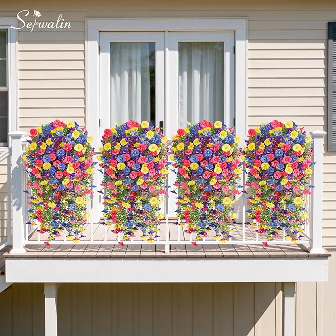 Serwalin Artificial Hanging Flowers for Outdoors UV Resistant, 8PCS Faux Morning Glory Fake Outdoor Flowers Realistic Silk Flower Plantsfor Outside Planter Front Door Porch Patio Yard Decor