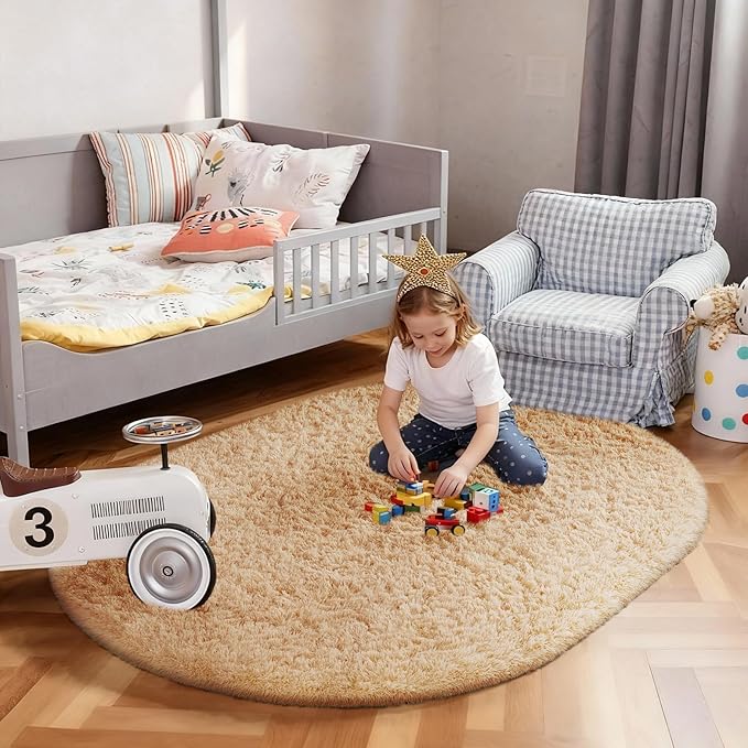 Ophanie 3x5 Beige Oval Rugs for Bedroom Living Room, Small Fluffy Fuzzy Carpet, Plush Soft Shaggy Bedside Indoor Floor Area Rug for Kids Girls Boys Baby Teen Dorm College Nursery Home Decor Aesthetic