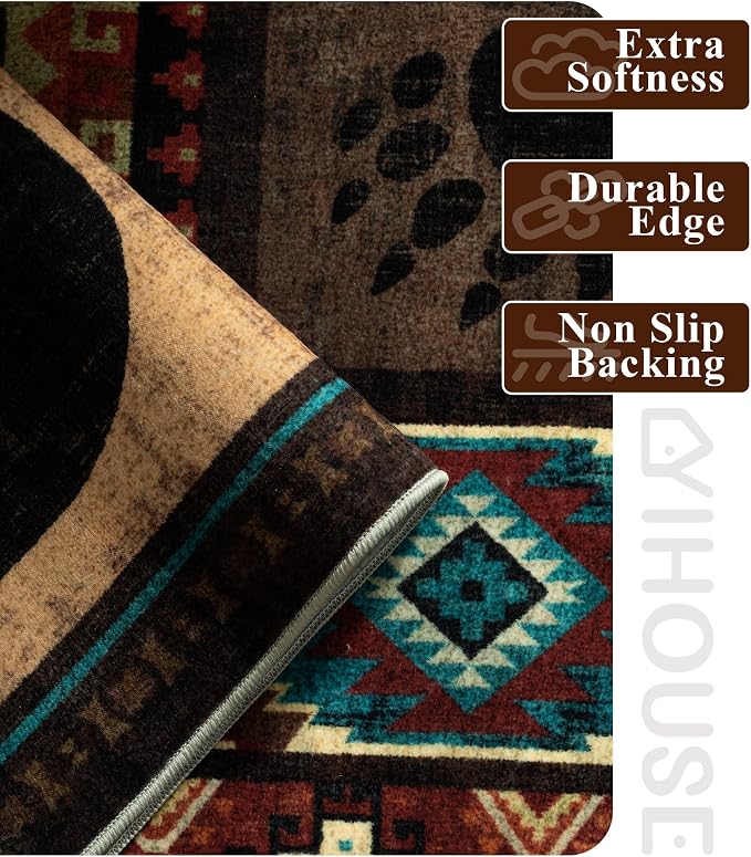 YIHOUSE Rustic Cabin Area Rug 4x6,Machine Washable Lodge Bear Rug,Non-Slip Low Pile Print Pattern Western Rug for Living Room Bedroom