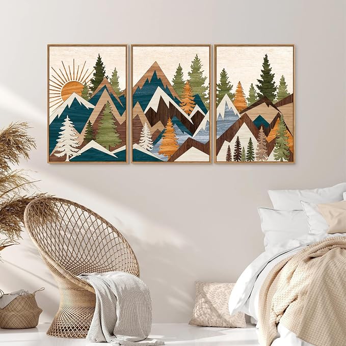 Tinonedraw Large Mountain Framed Canvas Wall Art, Boho Rustic Sunrise Forest Wall Decor, Vintage Woodsy Nature Art Painting, Modern Wilderness Trees Art Print for Living Room Bedroom Office 24"x36"x3