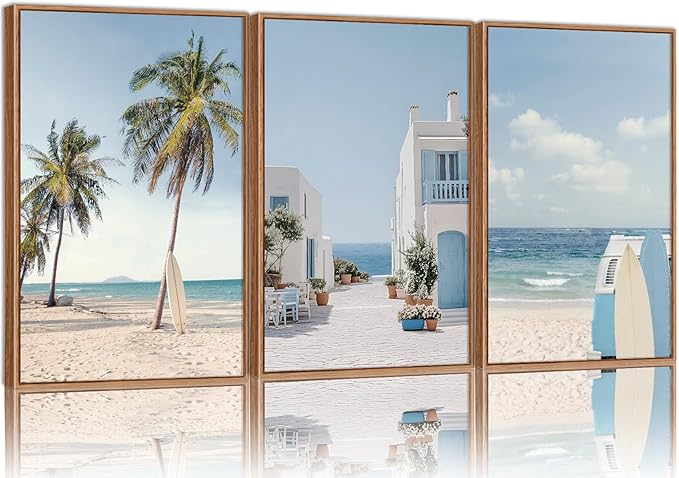 Rantodecor Beach Themed Framed Canvas Wall Art, Palm Tree Surfboard Van Wall Decor, Nordic Blue and White House Art Painting, Modern Relaxing Seascape Artwork for Bedroom Living Room Office 24"x36"x3