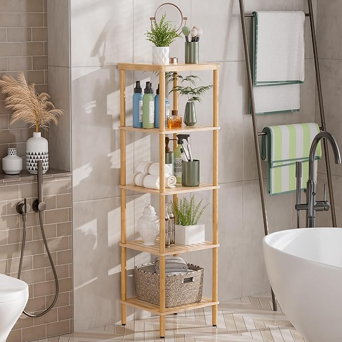 AmazerBath 5-Tier Bamboo Bathroom Shelf, Bathroom Standing Shelves, Multifunctional Shelving Unit for Living Room Bedroom Kitchen, Natural Color