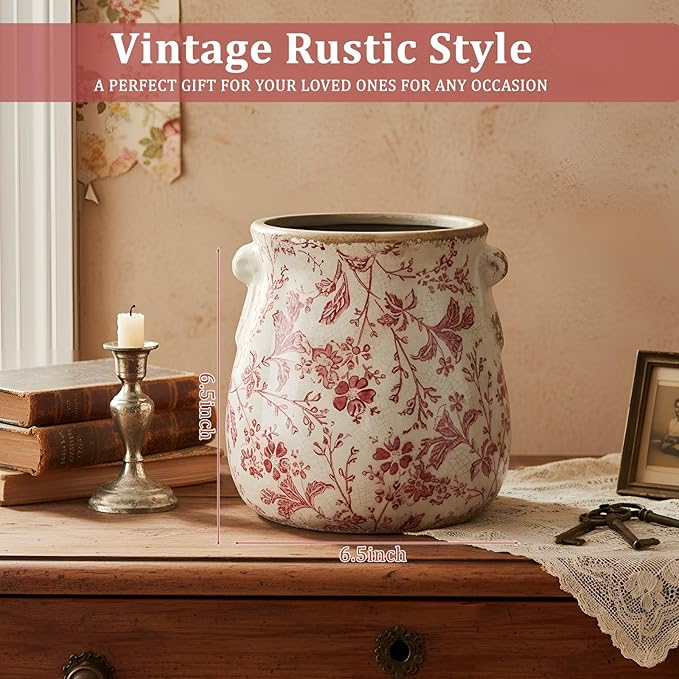 Ceramic Scroll Planter 6.5 Inch Chinoiserie Floral Vase with Drainage Holes Vintage Flower Vase Flower Pot Rustic Ceramic Pots for Indoor Plants Garden Home Bookshelf Decor(Retro Pink)