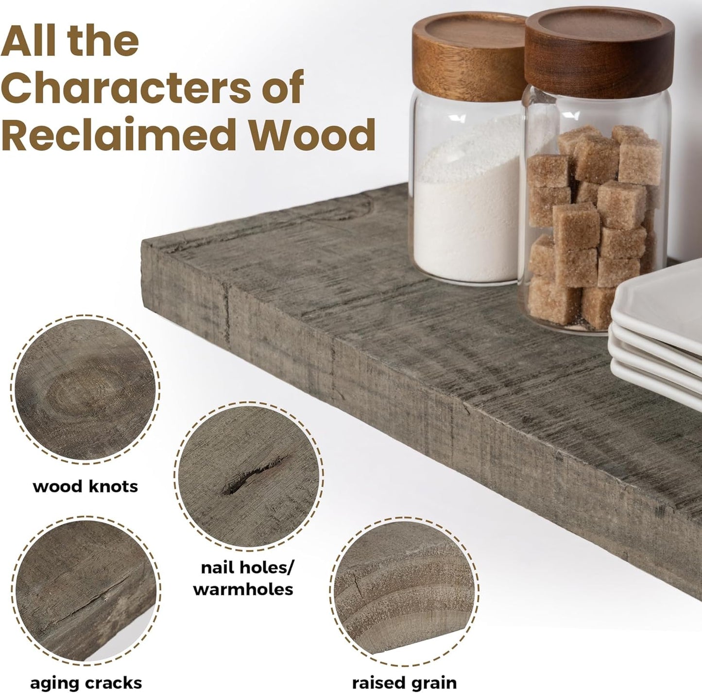 Floating Shelves | 8" Deep Rustic Reclaimed Barnwood Wall Hanging Shelves with Invisible Heavy-Duty Metal Bracket | Wall Mounted | Farmhouse Style | 36 inches, 2 PCs, Distressed Grey