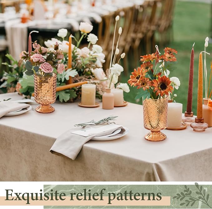 6 Pcs (H: 7" W: 4") Embossed Flower Vase Pedestal Glass Vase Big Base Thickened Crystal Vintage Vases for Wedding Party Home Decor Table Centerpiece House Warming Gifts (Amber,Classic)