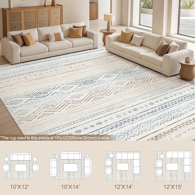 Tortania Area Rug Living Room Rugs- 10x12 Washable Large Soft Neutral Boho Moroccan Bohemian Farmhouse Rug Indoor Floor Carpet for Bedroom Under Dining Table Home Office Decor - Multicolor