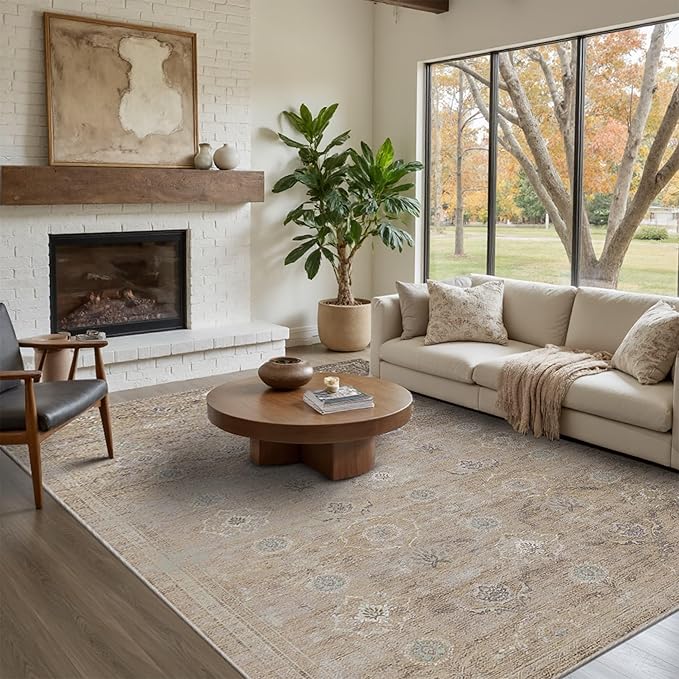 Rugxara Beige Rug 5x7 Neutral Area Rugs for Living Room Bedroom, Washable Vintage Floral Retro Boho Non Slip & Low Pile Carpet for Indoor Dining Room and Kids Room(Beige 5x7ft)