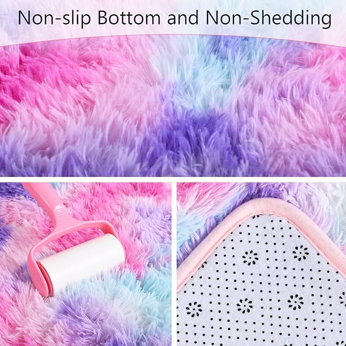 AROGAN Soft Rainbow Area Rugs for Girls Room 2x4 Feet, Fluffy Girls Bedroom Rugs, Princess Rug, Cute Colorful Carpet for Kids Teens Nursery Toddler (Hot Pink)
