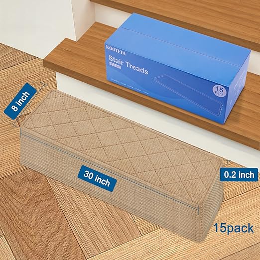 Stair Treads for Wooden Steps Indoor, 15 Pack 8" X 30" Non Slip Carpet Stair Treads with Reusable Adhesive for Kids Elders and Dogs, Surface Polyester TPR Backing Stair Rugs, Beige