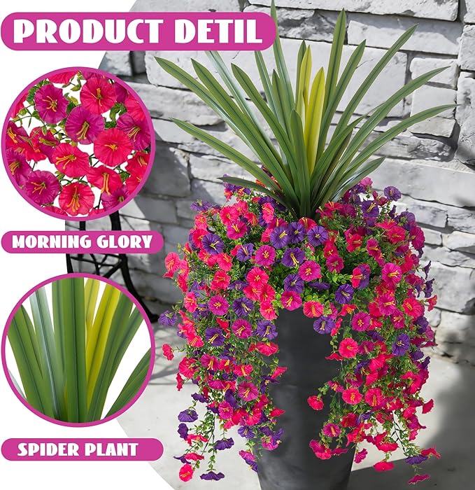 3 Bundles Fake Artificial Morning Glory Flowers for Outdoors, 1 Bundles Faux Greenery Plants UV Resistant Weatherproof for Indoor Outdoor Garden Patio Window Box Home Decor