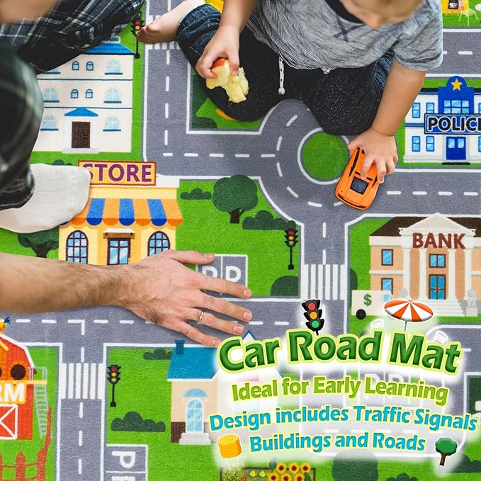 Car Rug Play Mat for Kids Toy Cars, City Road Traffic Playmat for Kid Bedroom, Non-Slip Machine Washable Kids Rugs for Learn and Have Fun 4'x5'/ 48"x60", Green