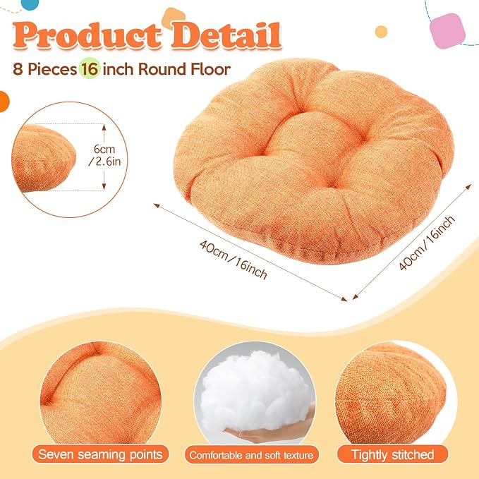 Fumete 8 Pcs 16 Inch Floor Cushions Pillow for Kids Bulk Classroom Round Flexible Seating Floor Cushions for Students Home Daycare School Reading Corner Yoga Meditation Picnic (Orange)