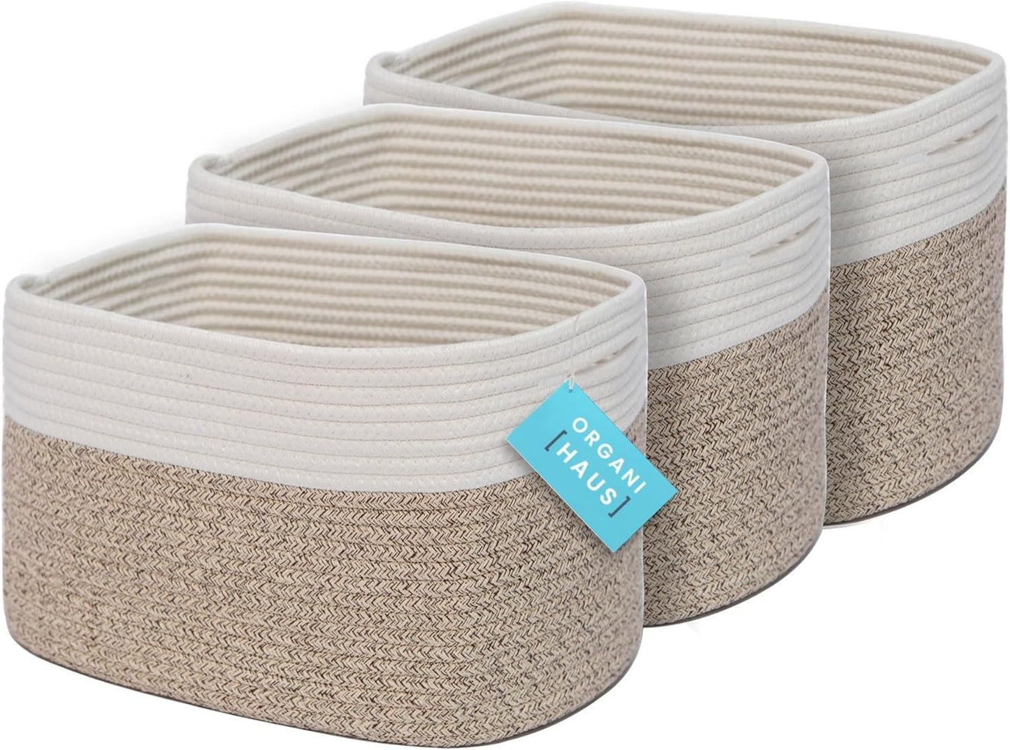 OrganiHaus Set of 3 Woven Storage Baskets for Organizing, Cotton Rope Organizer Bins for Shelves, Closet & Nursery, Dog Toy Basket, Decorative Bins for Toys, Towels & Books - 15x10x9, Brown